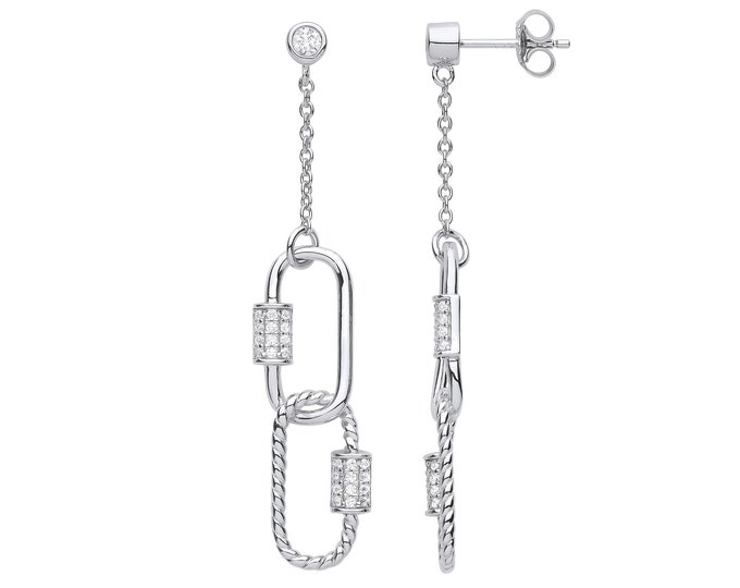 925 Sterling Silver 50mm Double Paper Clip Cz Drop Earrings