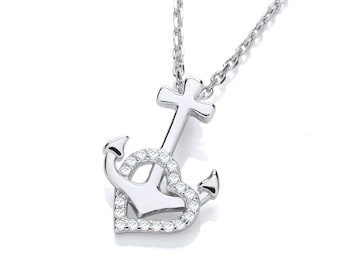 Anchor Cz Heart Charm 16"- 17" Necklace Rhodium Plated 925 Sterling Silver
