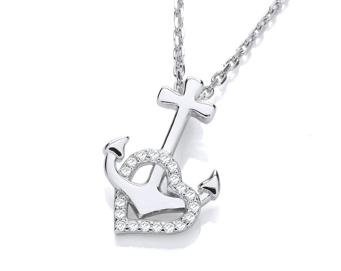 Anchor Cz Heart Charm 16"- 17" Necklace Rhodium Plated 925 Sterling Silver