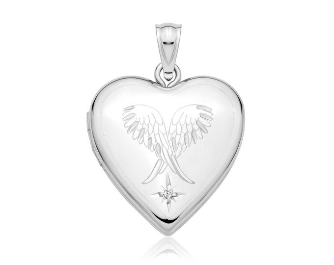 Silver Diamond Set Guardian Angel Wings Heart Shaped Locket 27x20mm