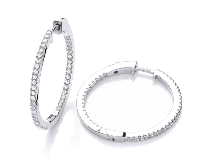 925 Sterling Silver 30mm Diameter Pave Set Round Cut Cz Hinged Hoop Earrings