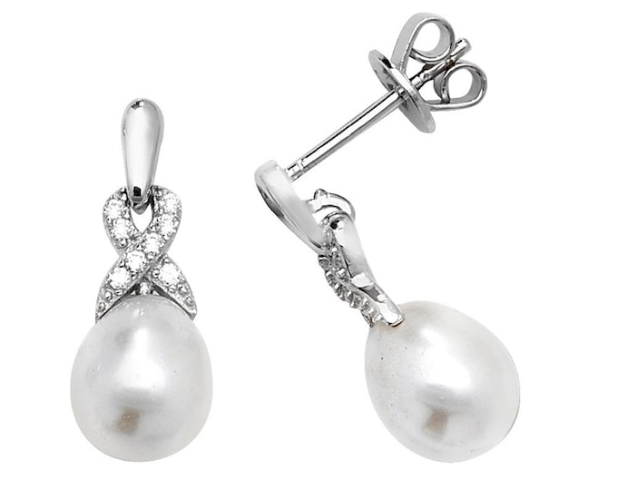 Rhodium Plated 925 Sterling Silver 16x6mm Freshwater Pearl Cz Drop Earrings