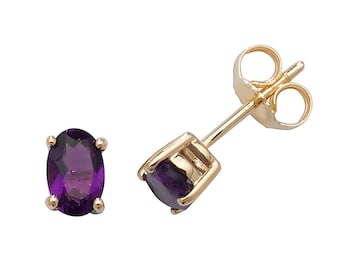 Oval Cut Purple Amethyst 6x4mm Claw Set Stud Earrings 9K Yellow Gold Real Amethyst