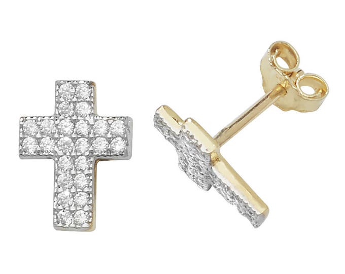 9ct Yellow Gold Pave Cz Crucifix Cross Stud Earrings 8x6mm - Real 9K Gold