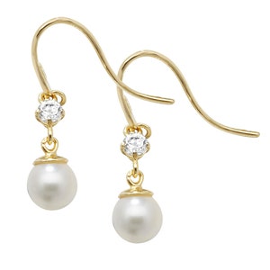 9ct Yellow Gold 4mm Cultured Pearl & Cz Hook Drop Earrings - Real 9K Gold