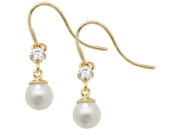 9ct Yellow Gold 4mm Cultured Pearl & Cz Hook Drop Earrings - Real 9K Gold