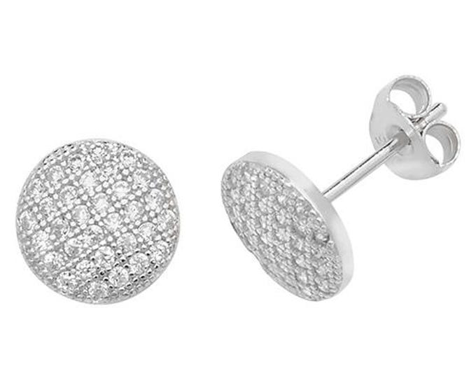 925 Sterling Silver 8mm Diameter Pave Cz Button Stud Earrings