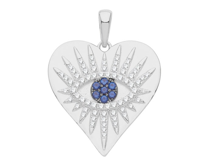 Rhodium Plated 925 Sterling Silver 20mm Cz Evil Eye Heart Tag Talisman Charm Pendant