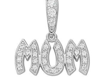 925 Sterling Silver 25x10mm Pave Cz MUM Pendant