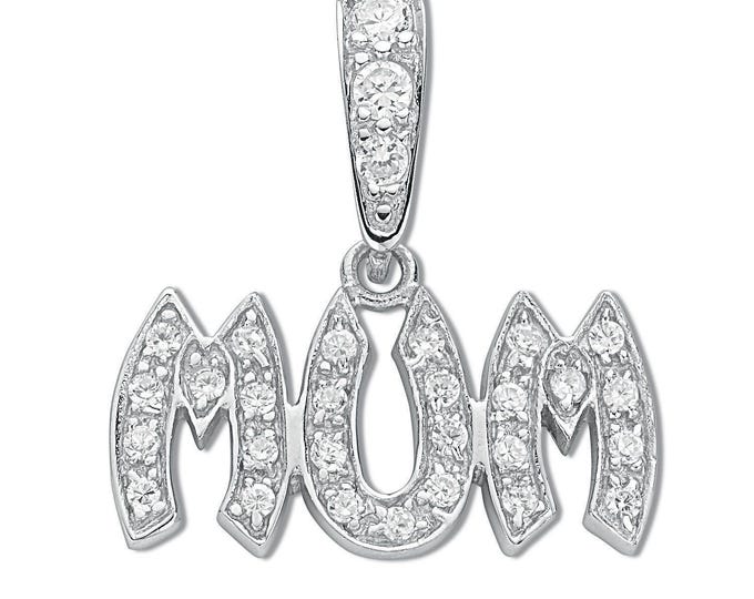 925 Sterling Silver 25x10mm Pave Cz MUM Pendant