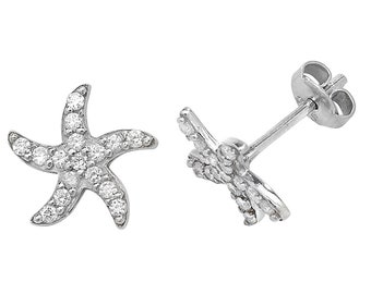 925 Sterling Silver Cz Pave Set 10mm Starfish Stud Earrings