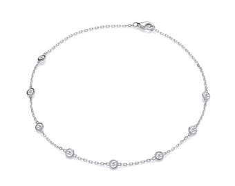 Ladies Sterling Silver Bezel Set Round Clear Cz 10" Anklet Chain Rhodium Plated