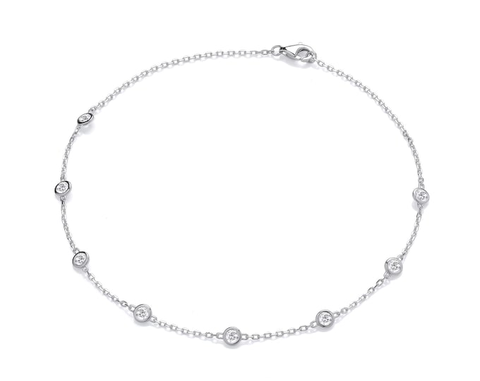 Ladies Sterling Silver Bezel Set Round Clear Cz 10" Anklet Chain Rhodium Plated