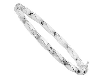 Ladies 925 Sterling Silver Diamond Cut 4mm Twisted Hollow Oval Hinged Bangle