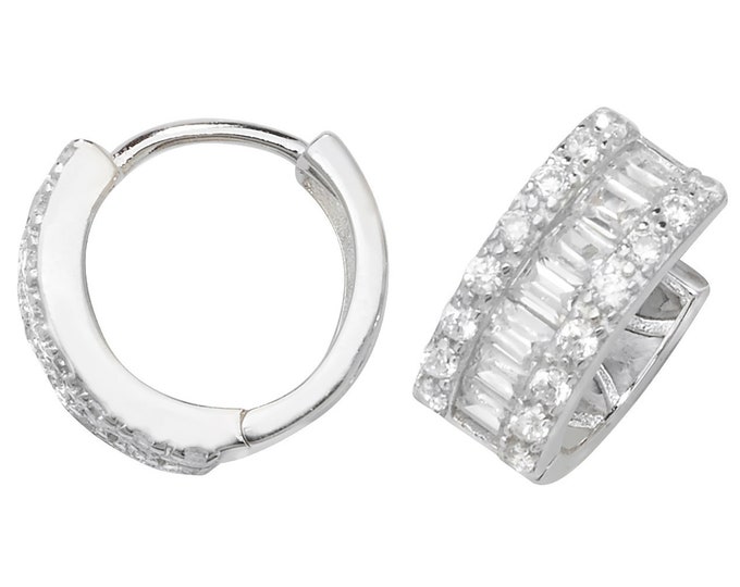 925 Sterling Silver 10mm Diameter Baguette Cz Hinged Hoop Earrings