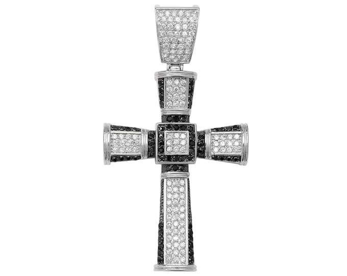 Large 925 Sterling Silver Pave Black Cz Cross Pendant 8x4cm Hallmarked