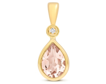 9ct Yellow Gold & Diamond 7x5mm Pear Cut Pink Morganite Pendant - Real 9K Gold
