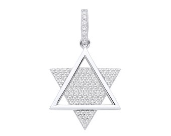 Contemporary Pave Cz Star of David Pendant 925 Sterling Silver 2.9cm x 1.7cm