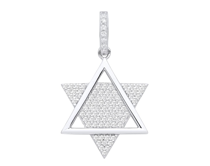 Contemporary Pave Cz Star of David Pendant 925 Sterling Silver 2.9cm x 1.7cm