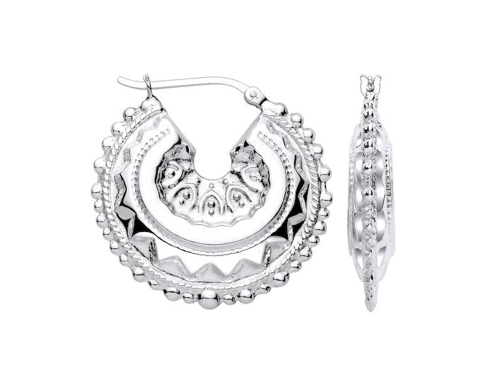 925 Sterling Silver 30mm Hollow Gypsy Creole Beaded Edge Hoop Earrings