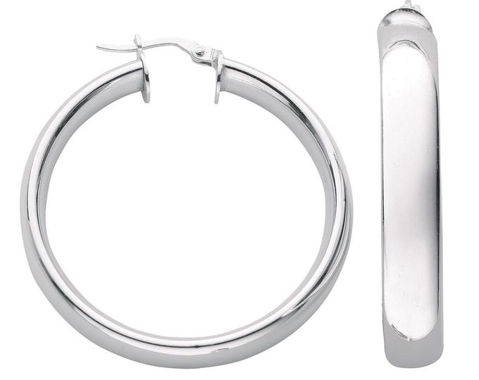 D Shaped Domed 35mm Diameter Hoop Earrings 925 Sterling Silver