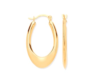 9ct Yellow Gold 2.5cm Drop Plain Polished Oval Creole Hoop Earrings - Real 9K Gold