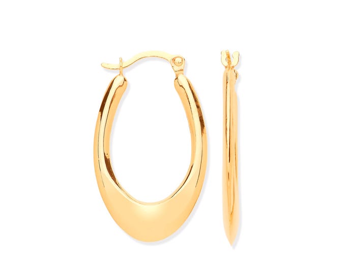 9ct Yellow Gold 2.5cm Drop Plain Polished Oval Creole Hoop Earrings - Real 9K Gold