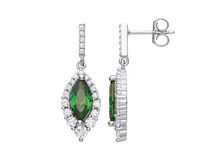 925 Sterling Silver Marquise Cut Emerald Green Colour Cz 2.8cm Drop Earrings