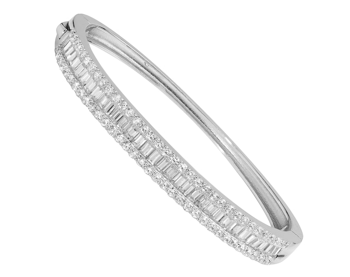 Childs 925 Sterling Silver Micro Pave 3 Row Baguette Cz Hinged Baby Bangle