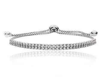 925 Sterling Silver Double Row Claw Set Cz 7" Friendship Toggle Pull Bracelet