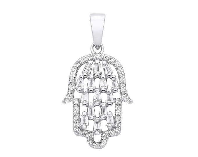 925 Sterling Silver 25mm Hamsa Hand Baguette Cz Charm Pendant