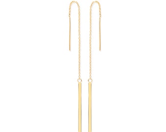 9ct Yellow Gold 10cm Long Chain & Gold Bar Drop Threader Earrings - Real 9K Gold
