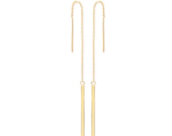 9ct Yellow Gold 10cm Long Chain & Gold Bar Drop Threader Earrings - Real 9K Gold