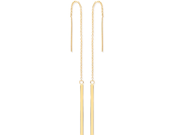 9ct Yellow Gold 10cm Long Chain & Gold Bar Drop Threader Earrings - Real 9K Gold