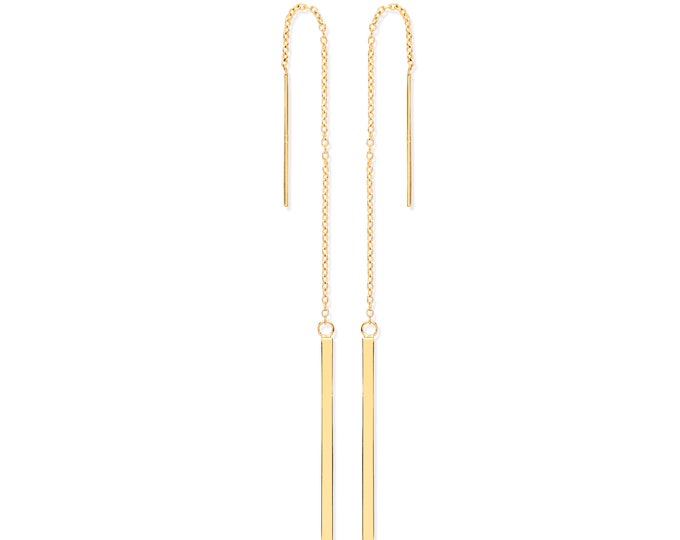 9ct Yellow Gold 10cm Long Chain & Gold Bar Drop Threader Earrings - Real 9K Gold