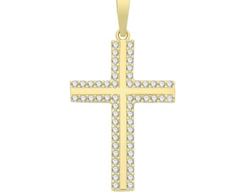 Modern 9ct Yellow Gold 3cm Flat Cross Pendant Pave Set With Cz Stones - Solid Hallmarked 9K Gold