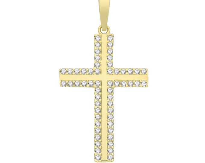 Modern 9ct Yellow Gold 3cm Flat Cross Pendant Pave Set With Cz Stones - Solid Hallmarked 9K Gold