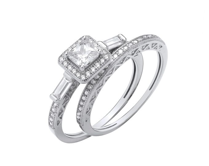 Vintage Design 0.40ct Princess Solitaire Cz Bridal Ring Set Engagement & Half Eternity 925 Sterling Silver