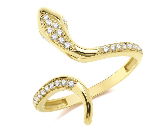 Ladies 9ct Yellow Gold Pave Cz Open Coil Snake Ring Hallmarked 375 - Real 9K Gold