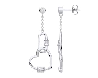 925 Sterling Silver 40mm Heart & Paper Clip Cz Drop Earrings