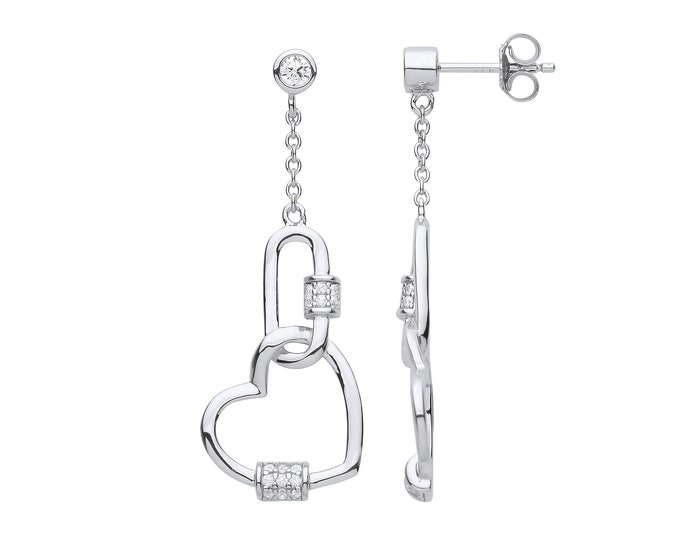 925 Sterling Silver 40mm Heart & Paper Clip Cz Drop Earrings