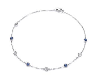 Ladies Sterling Silver Bezel Set Round Blue & Clear Cz 10" Anklet Chain Rhodium Plated