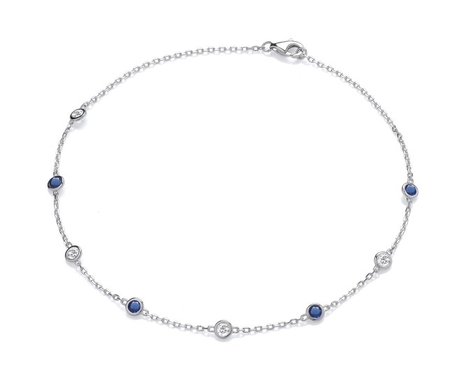 Ladies Sterling Silver Bezel Set Round Blue & Clear Cz 10" Anklet Chain Rhodium Plated