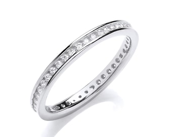 925 Sterling Silver 2mm Full Channel Set Brilliant Cz Eternity Ring Rhodium Plated