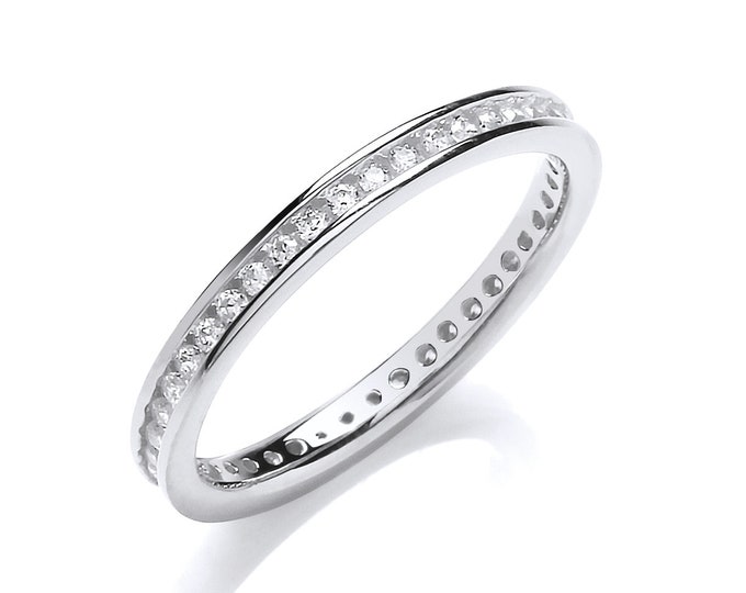 925 Sterling Silver 2mm Full Channel Set Brilliant Cz Eternity Ring Rhodium Plated