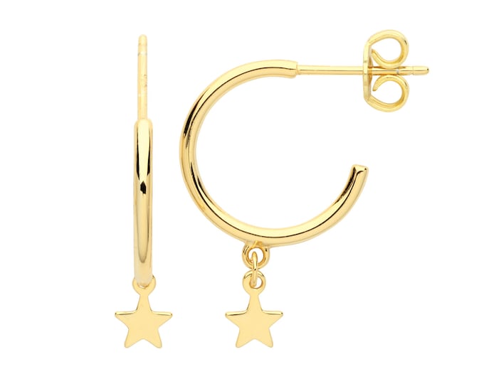 925 Sterling Silver 14mm Hoop Earrings With Star Drop Charm Gold Plated