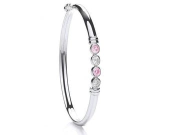 925 Sterling Silver Pink & White 4 Stone Cz Hinged Baby Bangle