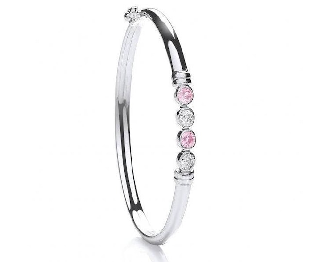 925 Sterling Silver Pink & White 4 Stone Cz Hinged Baby Bangle