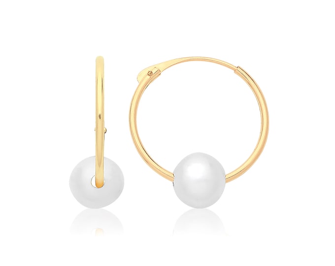 9ct Gold 12mm Diameter Hinged Sleeper Hoop Earrings With Freshwater Pearls - Real 9K Gold