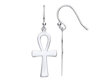 Contemporary 925 Sterling Silver 33x12mm Ankh Cross Hook Drop Earrings
